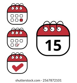 Collection of simple calendar icons in different formats and contexts. Flat calendar icon with specific day marked, day 15.