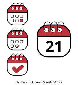 Collection of simple calendar icons in different formats and contexts. Flat calendar icon with specific day marked, day 21.