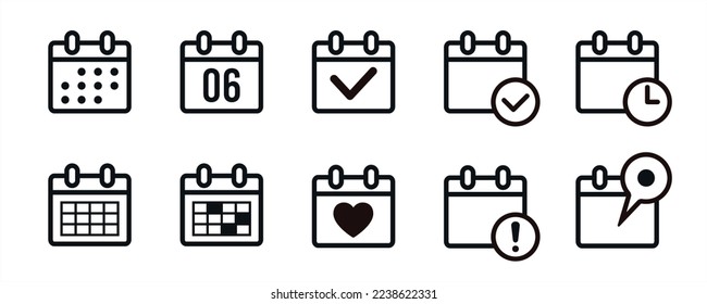 Colección de iconos simples de calendario diseño vectorial incluyendo diario, fecha actual, cheque, pin, fecha marcada, fecha límite, etc.