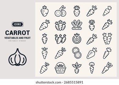 Colección de verduras de zanahoria simples e iconos de frutas para el diseño de alimentos de fondo blanco.