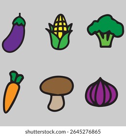 Collection of simple cartoon vegetable icons including eggplant, corn, broccoli, carrot, mushroom, and onion. Outlined in black and isolated on a light gray background. Ideal for healthy eating, food