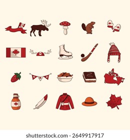 Collection of simple, cartoon-style illustrations representing various aspects of Canada, including its flag, animals, food, and other cultural elements.  The icons are in red and white colours.