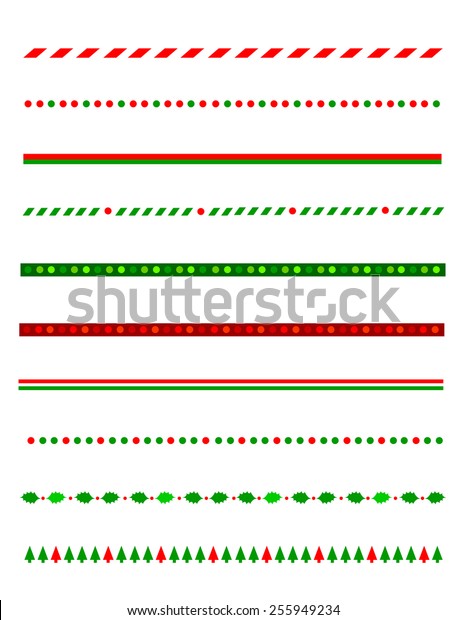 Collection of simple christmas themed borders /\
divider graphics including holly border, candy cane pattern,\
christmas trees and\
more