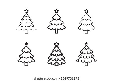 A collection of simple Christmas tree line art designs with stars and scalloped branches, perfect for festive decorations, holiday cards, and creative projects.