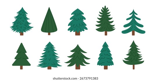 Collection of simple Christmas trees. Minimal green fir and pine silhouettes in flat style. Winter holiday set for New Year design. Vector illustration isolated on white background.