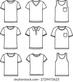 Eine Kollektion von einfachen und klassischen T-Shirt-Designs, die für verschiedene Gelegenheiten geeignet sind.