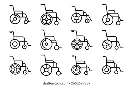 Collection of simple and clean black line art illustrations depicting various wheelchair designs