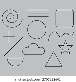 Colección de Formas geométricas simples y limpias de arte lineal y formas abstractas sobre un fondo gris sólido.