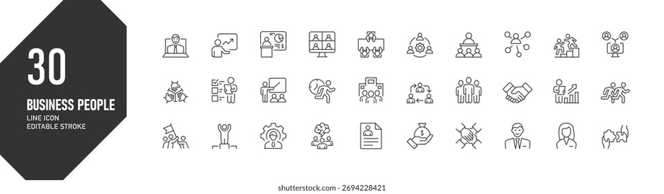 A collection of simple and clean line icons representing business people, teamwork, leadership, and professional growth in a modern style.