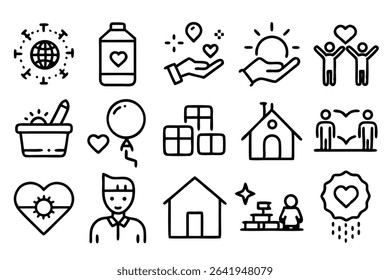A collection of simple and clean outline icon designs illustrating concepts of giving kindness and social responsibility