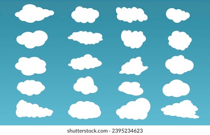 Collection of simple cloud shapes isolated on blue background. Set vector flat white cloud element icons