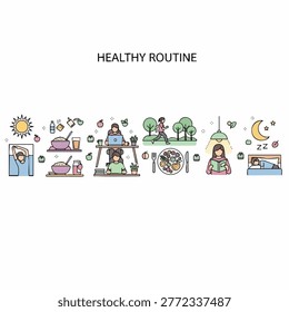 A collection of simple, colorful illustrations depicting a healthy daily routine including waking up, eating, working, exercising, and sleeping.