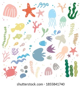 Una colección de ilustraciones simples y coloridas de peces, algas y criaturas marinas