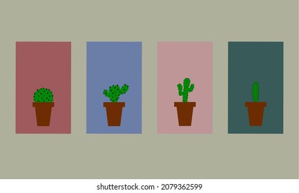 Collection of simple contemporary art posters in pastel colors.cactus in pot. Great design for social media, postcards, prints, wall art, etc. vector illustration