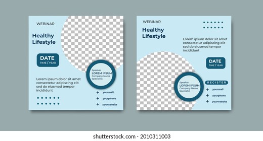 Colección de simples plantillas creativas de publicaciones en medios sociales para el diseño de conceptos de webinars de salud.