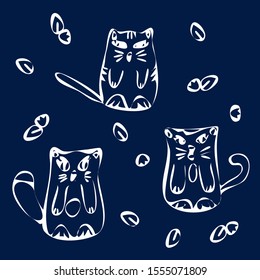 A collection of simple, cute cat sketches. Drawing with chalk isolated on a dark blackboard