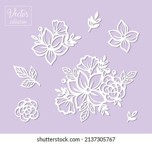 Collection of simple cute flowers. Simple flora for kids. Vector collection silhouette. Template for laser cut. Papercut template