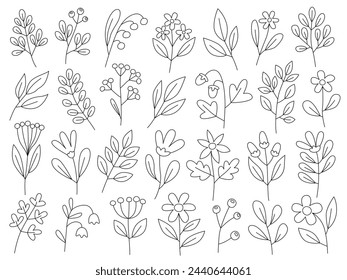 Colección de flores lindas simples, plantas, ramas y bayas. Flores y hojas de diferentes formas. Flores de primavera. Elementos de diseño.  Simple línea de garabatos.