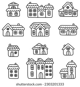 A collection of simple and cute linear houses. Doodle art illustration. Set of flat elements for the design of children's goods and clothes. Kawaii cottages, manors and townhouses in children's style