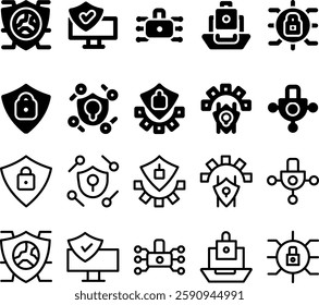 A collection of simple cybersecurity icons representing data protection, firewall, encryption, secure login, antivirus, phishing prevention, and online privacy. Perfect for digital security concepts.