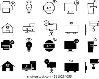 A collection of simple design gadget icons featuring various electronic devices and digital tools. Includes smartphones, tablets, laptops, smartwatches, headphones, and gaming controllers