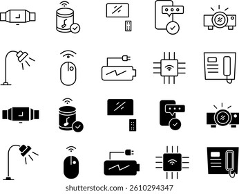 A collection of simple design gadget icons featuring various electronic devices and digital tools. Includes smartphones, tablets, laptops, smartwatches, headphones, and gaming controllers
