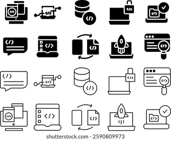 A collection simple design icon set software development, coding, and programming concepts. Includes symbols for coding, debugging, cloud computing.