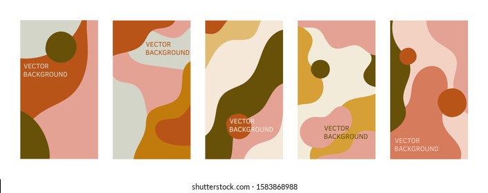 Collection of simple design templates for backgrounds and social media stories. Vector set of abstract creative backgrounds in minimal trendy style. Space text. Pink, beige, mustard and green colors