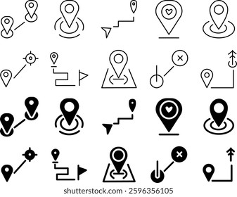 A collection of simple destination icons representing travel, navigation, and tourism. Perfect for maps, apps, and websites, vector format, modern style.