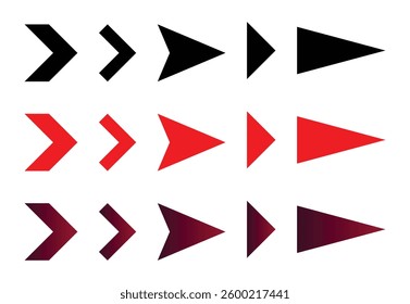 Collection of simple, directional arrows in black, red, and a gradient burgundy color, perfect for web design, apps, presentations, or any project needing directional indicators.