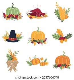 Collection of simple doodle flat clipart for Thanksgiving, harvest day, Halloween. Set of autumn cartoon stickers with pumpkins, turkey, corn, carrots, pilgrim's hat, acorns and fallen leaves.