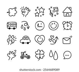 Collection of simple doodles representing various emotions, activities, and objects on a plain background