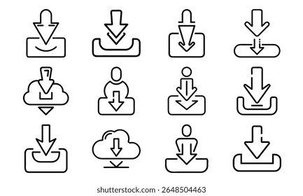 Coleção de ilustrações de ícone de download simples exibindo setas com caixas e estruturas de tópicos para sites e aplicativos