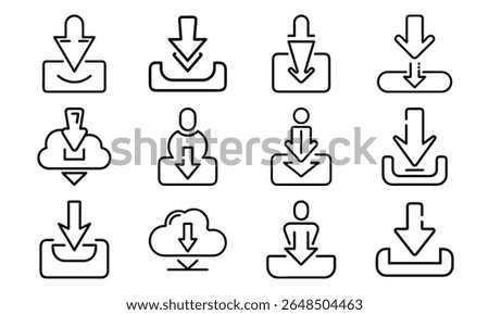 Collection of simple download icon illustrations displaying arrows with boxes and outlines for websites and applications