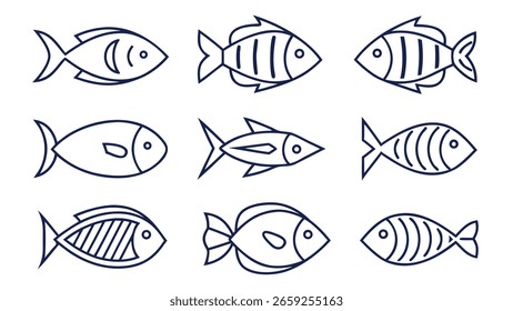 Sammlung von einfachen gezeichneten Fisch Icons Illustrationen in Silhouette auf verschiedenen Arten Vektorgrafik