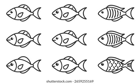 Sammlung von einfachen gezeichneten Fisch Icons Illustrationen in Silhouette auf verschiedenen Arten Vektorgrafik