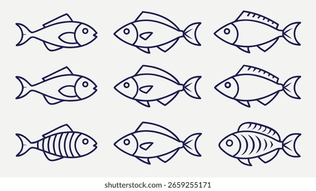 Sammlung von einfachen gezeichneten Fisch Icons Illustrationen in Silhouette auf verschiedenen Arten Vektorgrafik