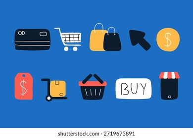 Collection of simple e-commerce icons on a blue background
