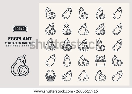 Collection of Simple Eggplant Icons Representing Vegetables and Fruit Variations White Background.