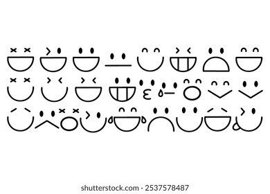 Colección de emoticonos simples, diseño en blanco y negro.