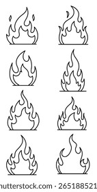 A collection of simple flame and fire icons shown in a clean solid black silhouette style. A set of heat and danger symbol graphics.