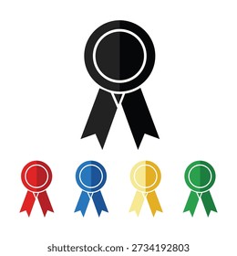 A collection of simple flat award ribbon icons in black red blue yellow and green. Perfect for certification badges winner medals and achievement symbols.
