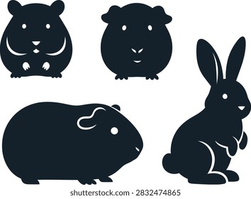 Collection of simple flat black vector illustrations featuring silhouettes of small household pets like hamsters guinea pigs and rabbits for design projects