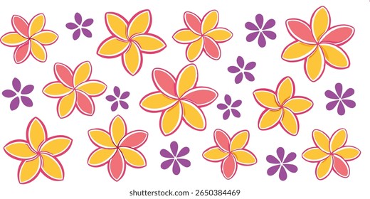 A collection of simple, flat design flowers, featuring alternating yellow and pink petals outlined in magenta, interspersed with smaller purple flowers.