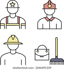 A collection of simple, flat design icons representing elements of police and firefighter uniforms. Includes a yellow star, a red and yellow police cap with a badge, a yellow firefighter helmet 