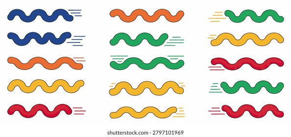 A collection of simple, flat design icons featuring colorful, wavy lines resembling worms or bacteria. Each element includes speed lines to illustrate fast movement or flow.