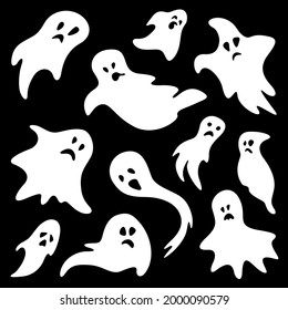 Collection of simple flat ghosts at black background. Spooky ghostly monsters for Halloween.