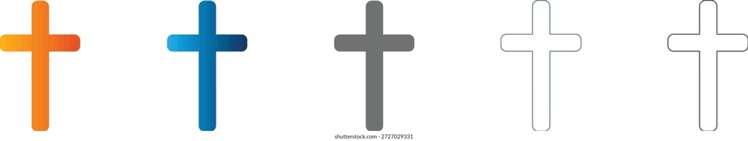 Una colección de simbolos de cruz cristiana de iconos planos simples en varios colores y estilos, presentados como un conjunto de iconos unificados.