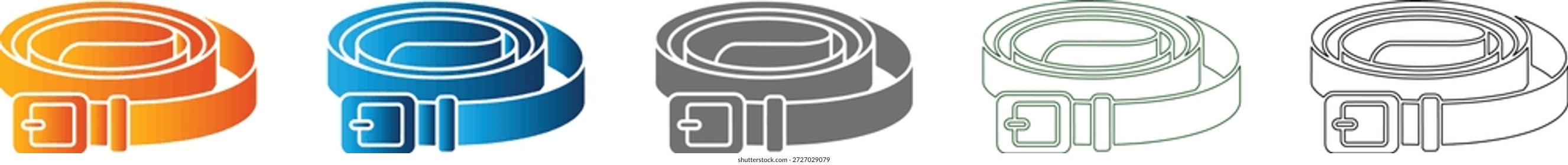 Una colección de diseños de iconos planos simples para un cinturón, presentado en formato de Vector negro sólido, aislado sobre un fondo blanco. Parte de un conjunto de iconos consistente.