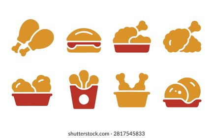 Collection of simple flat icon illustrations for fried chicken and burgers representing fast food